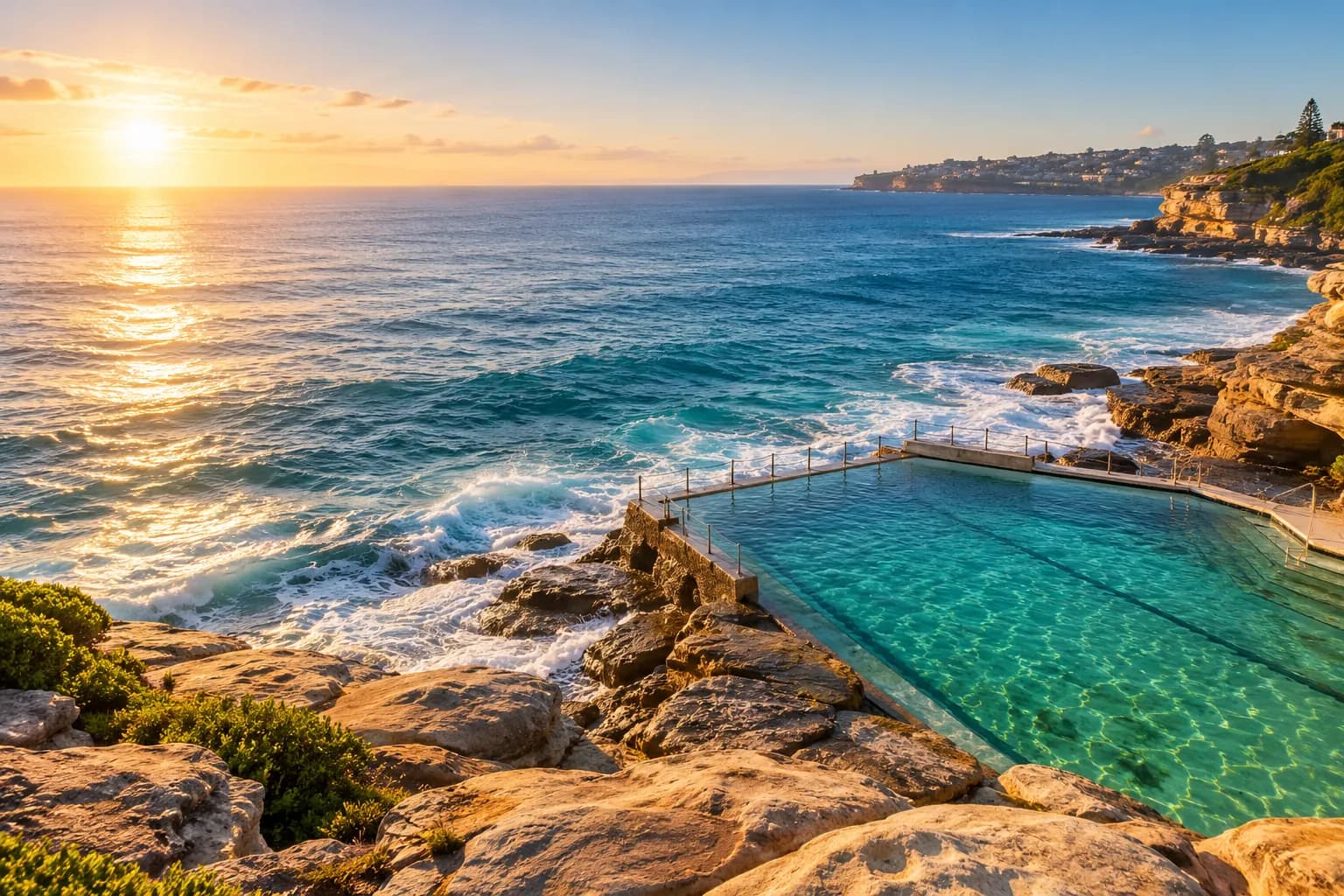 Sunlight falling across the ocean and the sandstone coastline of Sydney’s Eastern Suburbs