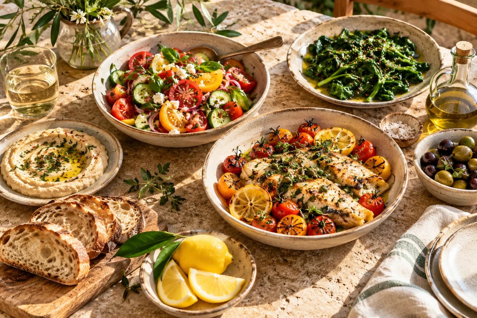A sunlit table of Mediterranean ingredients and fresh food